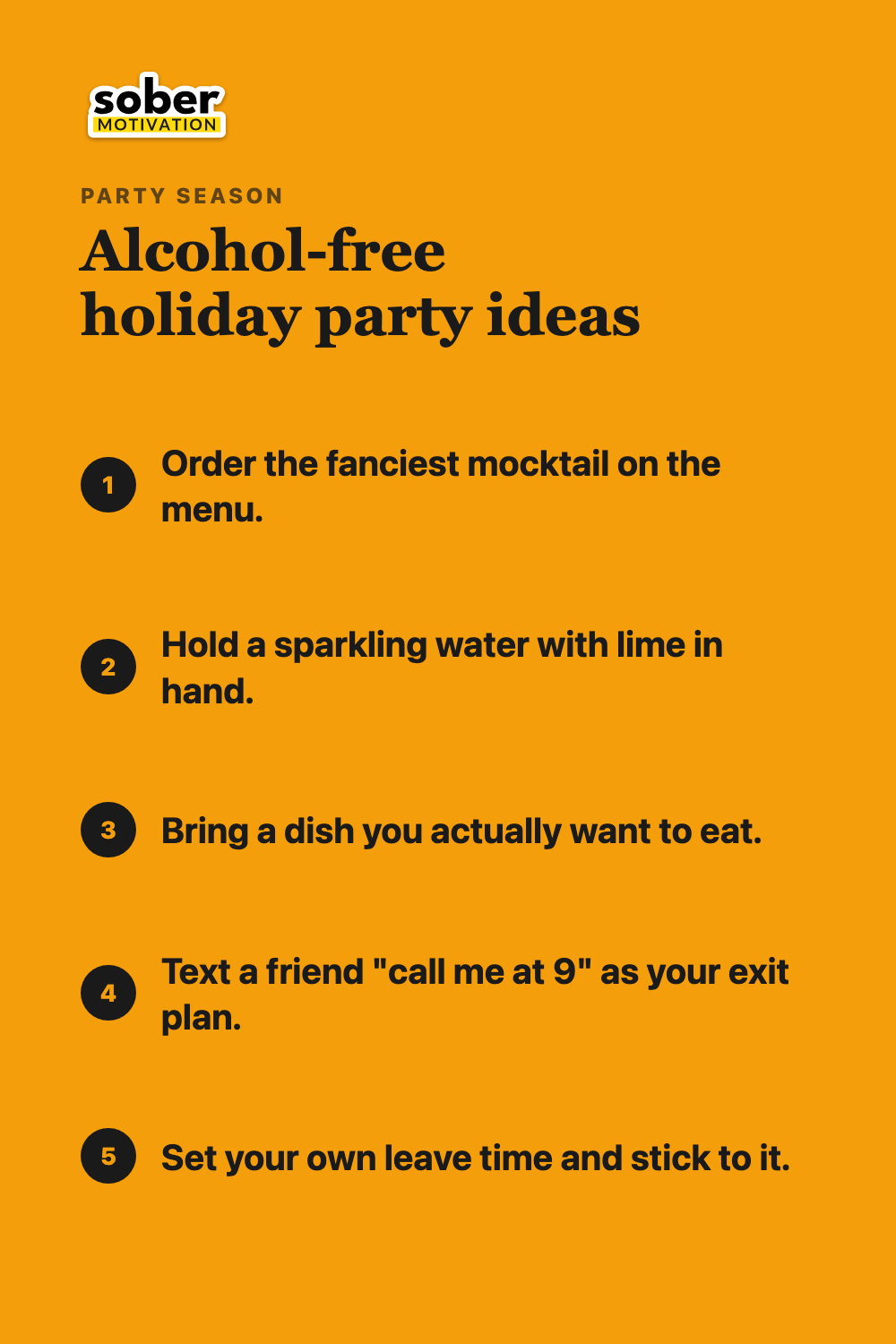Pin titled Alcohol-free holiday party ideas, with five numbered tips from ordering a fancy mocktail to setting your own leave time.